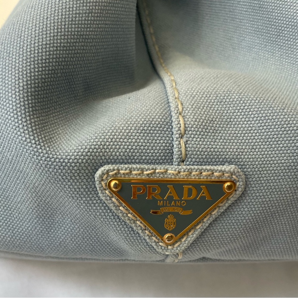 Prada Light Blue Denim Tote, Custom Embellished with 14 Vintage Brooches,16x9x10 - Picture 6 of 16